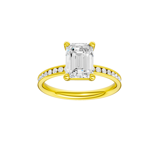 Emerald-cut diamond engagement ring with a channel-set diamond band and solitaire setting.