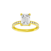 Emerald-cut diamond engagement ring with a channel-set diamond band and solitaire setting.