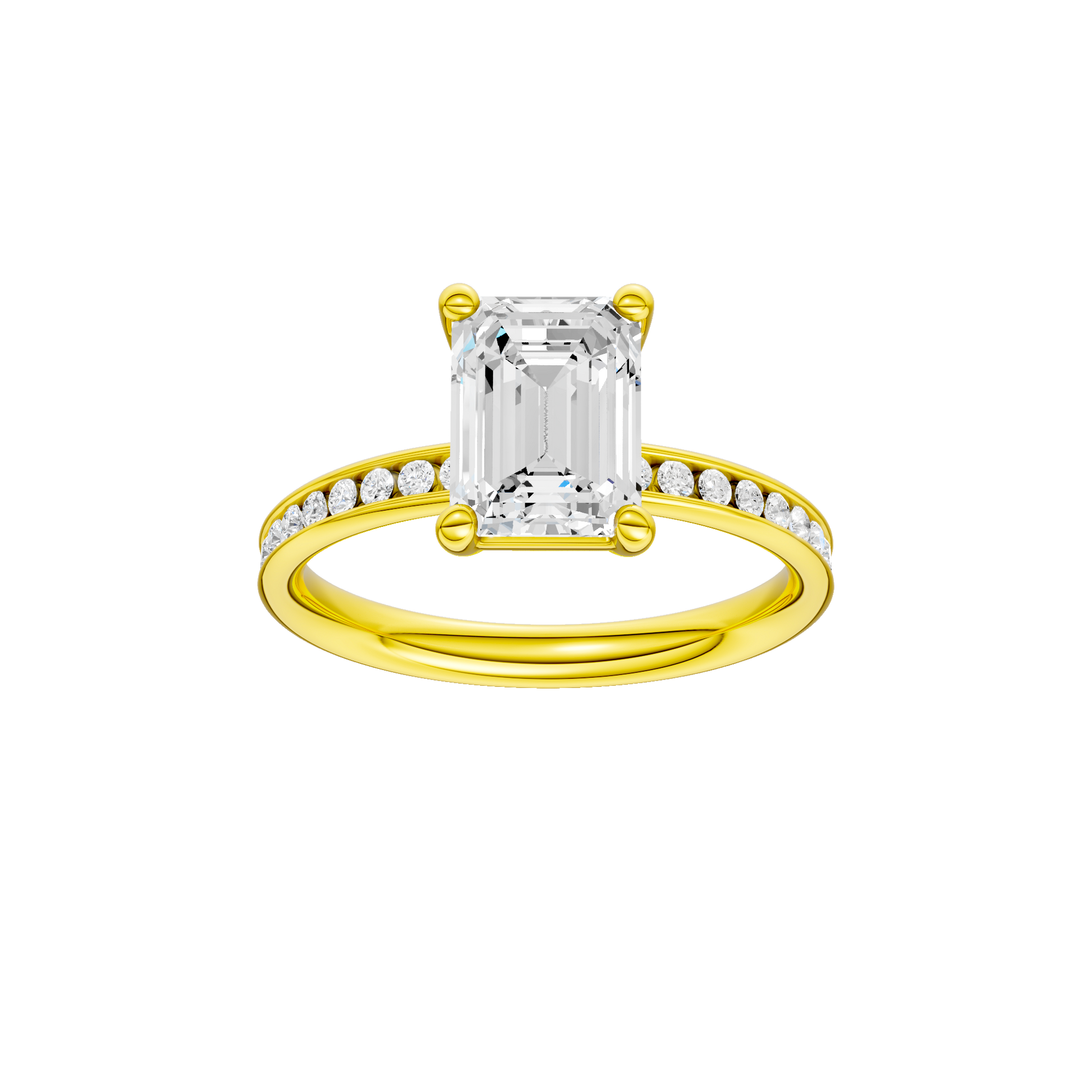 Emerald-cut diamond engagement ring with a channel-set diamond band and solitaire setting.