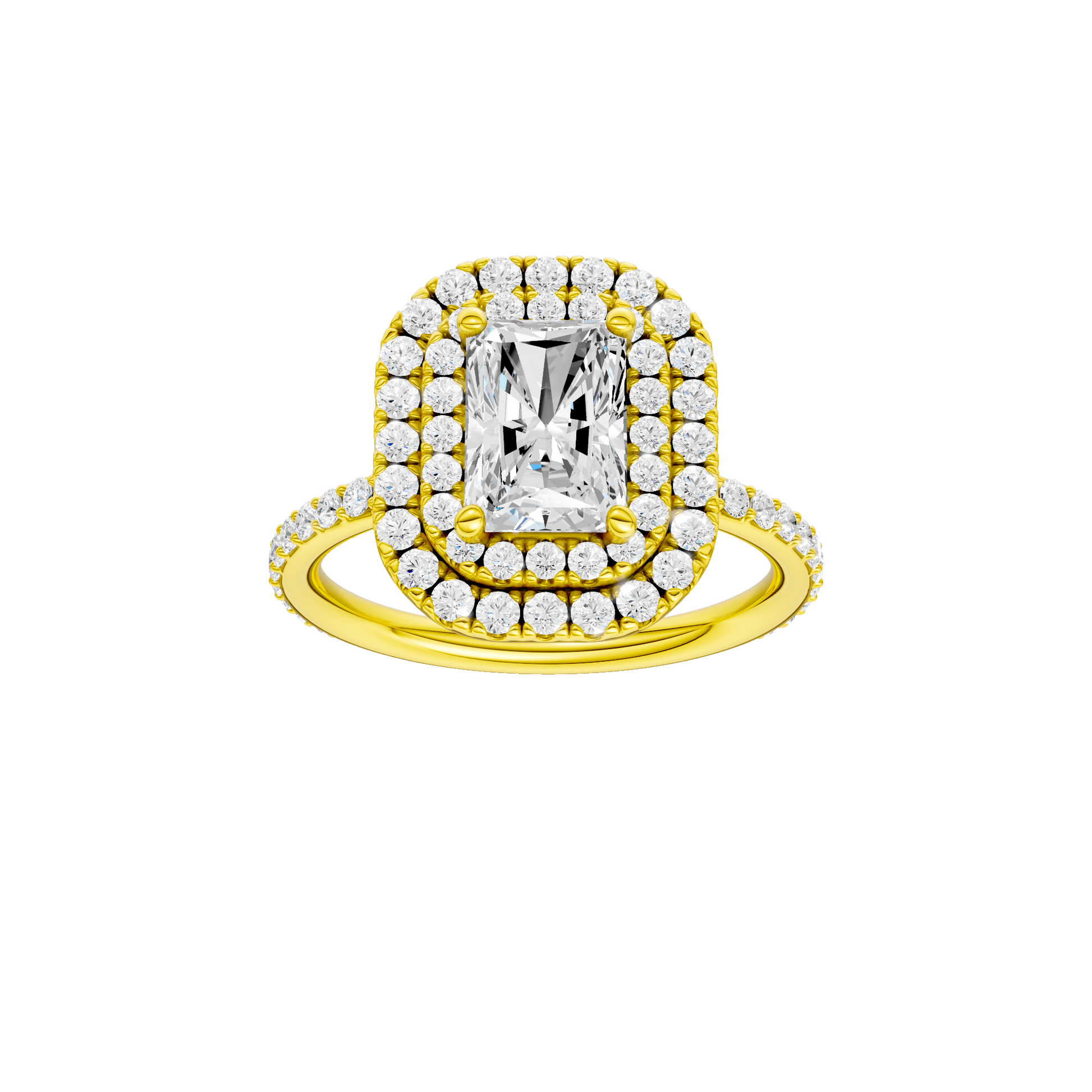 Radiant-cut diamond engagement ring with a prong-set diamond band and double-halo setting.
