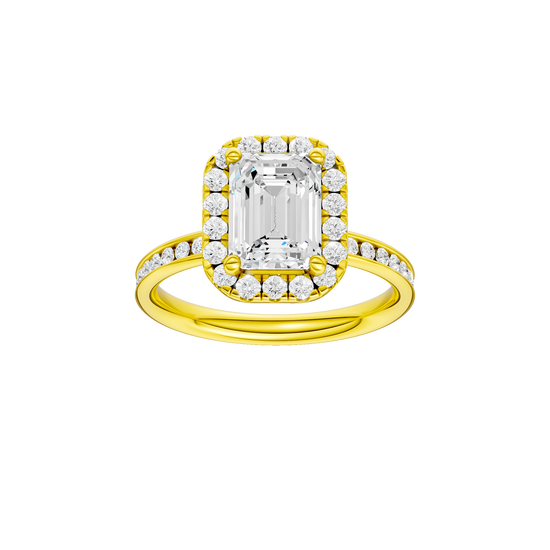 Emerald-cut diamond engagement ring with a channel-set diamond band and halo setting.
