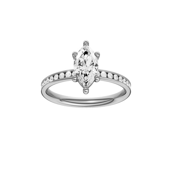 Marquise-cut diamond engagement ring with a channel-set diamond band and solitaire setting.
