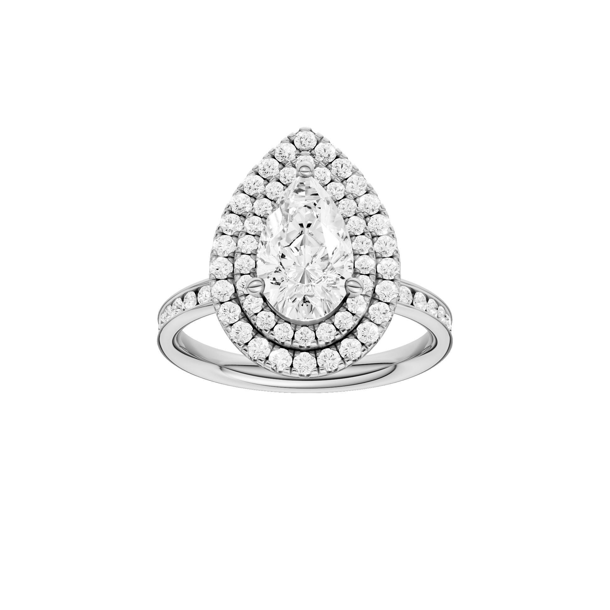 Pear-cut diamond engagement ring with a channel-set diamond band and double-halo setting.