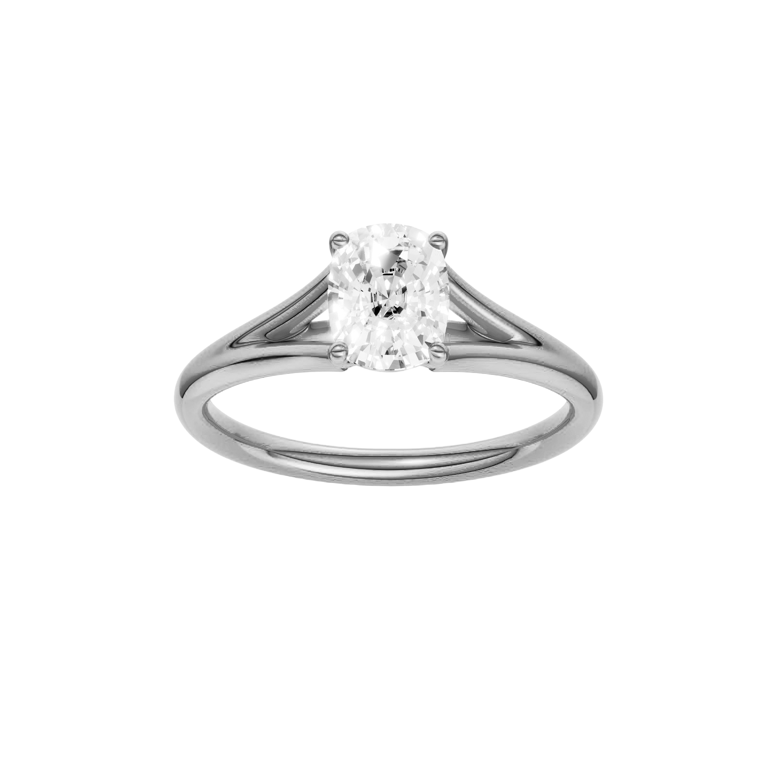 Elongated cushion-cut diamond engagement ring with a plain band and solitaire setting.
