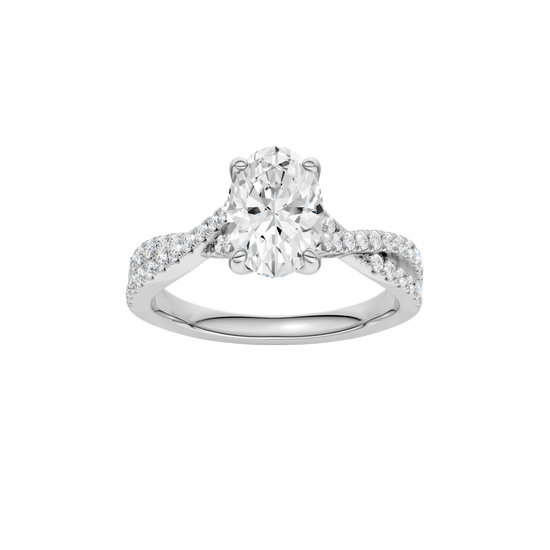 Oval-cut diamond engagement ring in 14k white gold with a prong-set diamond band and twist setting