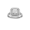 Princess-cut diamond engagement ring with a channel-set diamond band and double-halo setting.