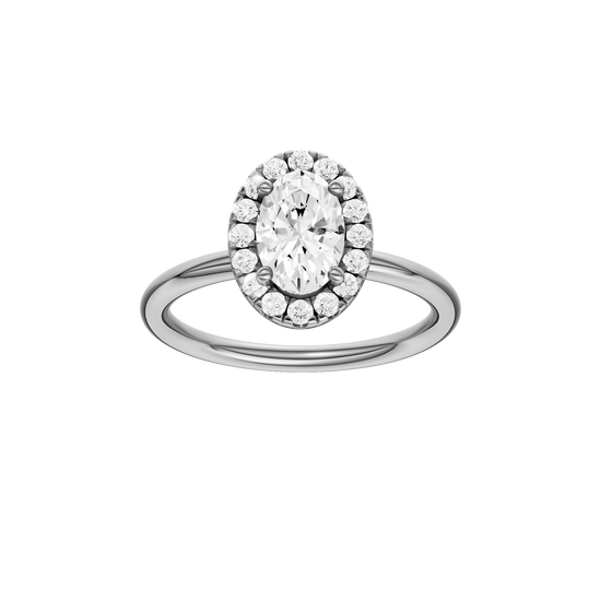 Oval-cut diamond engagement ring with a plain band and halo setting.