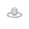 Oval-cut diamond engagement ring with a plain band and halo setting.