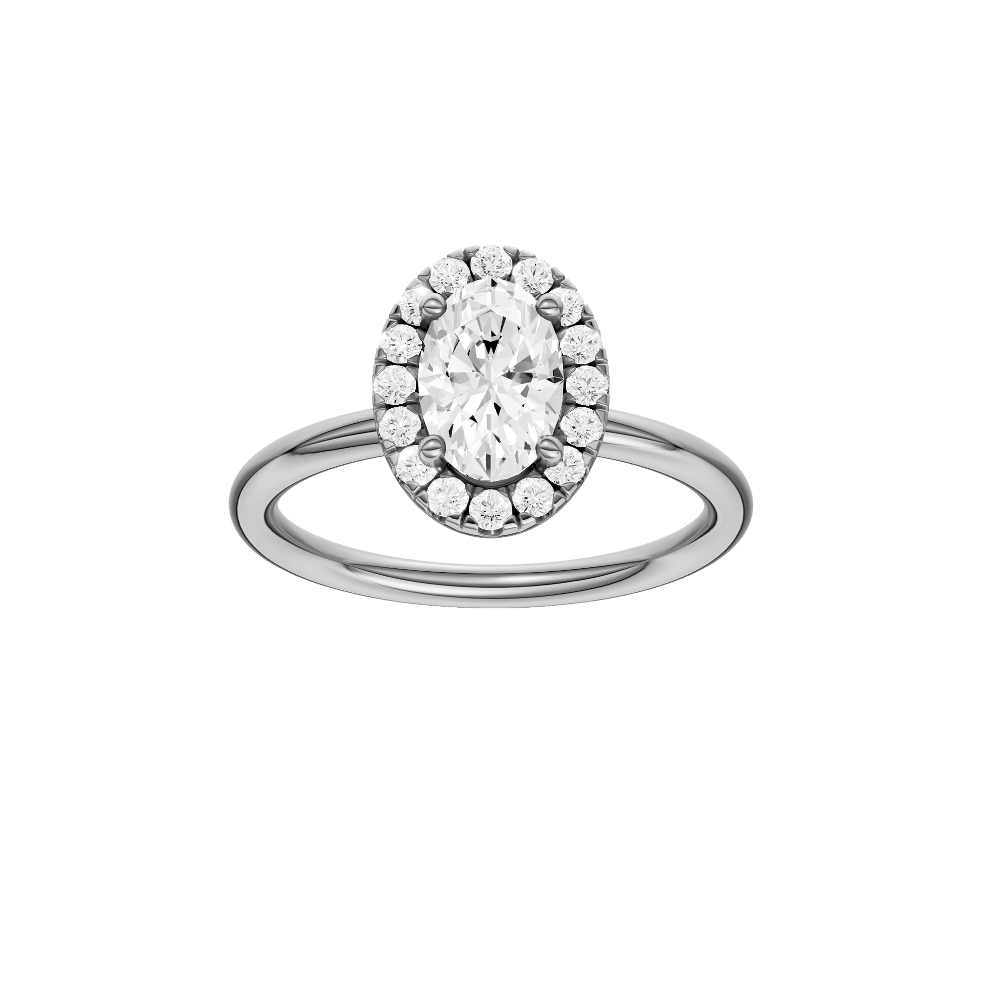 Oval-cut diamond engagement ring with a plain band and halo setting.
