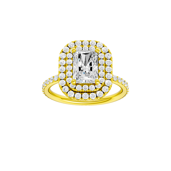 Radiant-cut diamond engagement ring with a prong-set diamond band and double-halo setting.