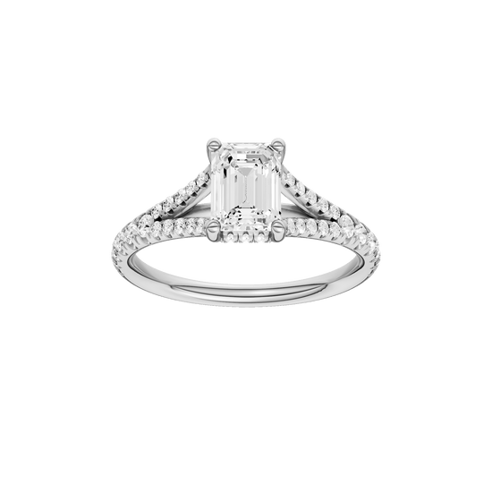 Emerald-cut diamond engagement ring with a prong-set diamond band and hidden-halo setting.