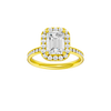Emerald-cut diamond engagement ring with a channel-set diamond band and halo setting.