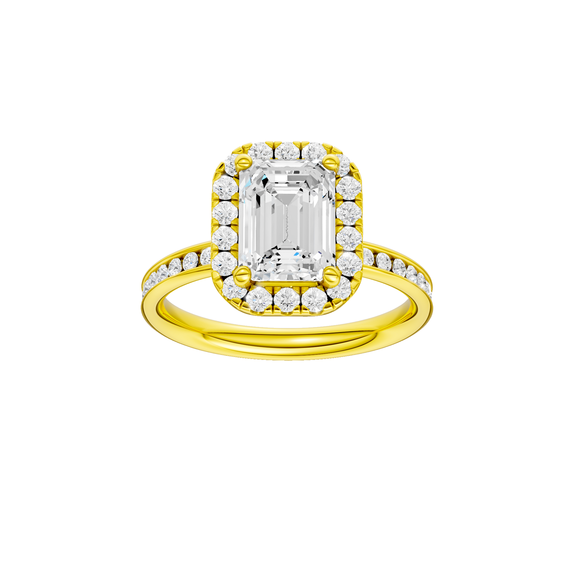 Emerald-cut diamond engagement ring with a channel-set diamond band and halo setting.