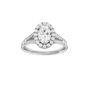 Oval-cut diamond engagement ring with a channel-set diamond band and halo setting.