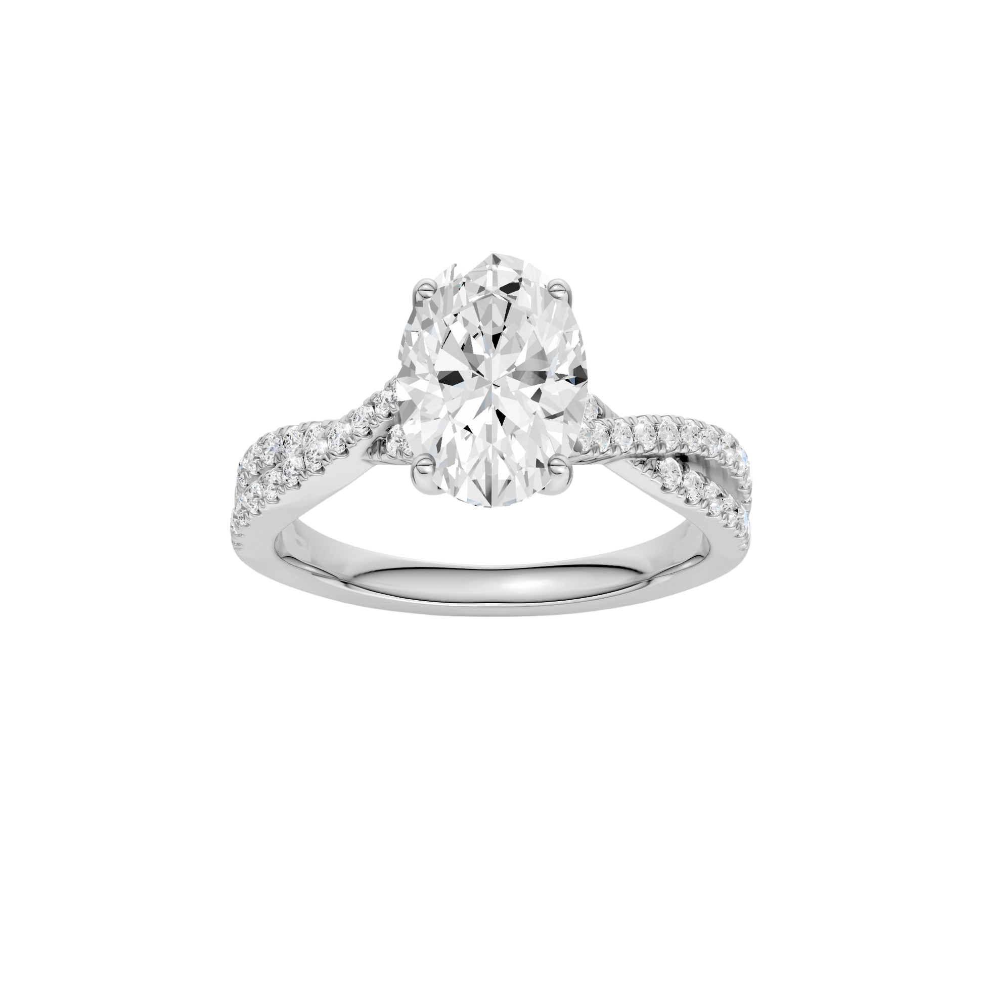 Oval-cut diamond engagement ring in 14k white gold with a prong-set diamond band and twist setting