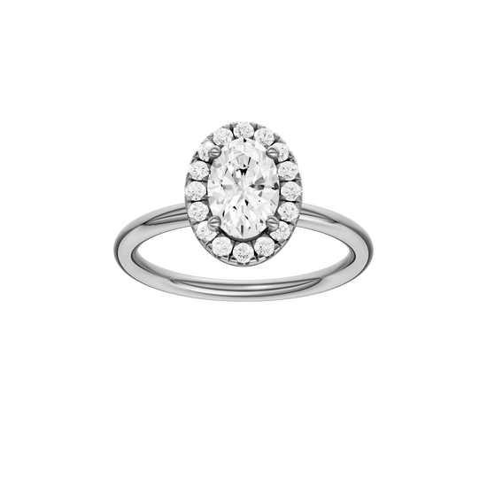 Oval-cut diamond engagement ring with a plain band and halo setting.