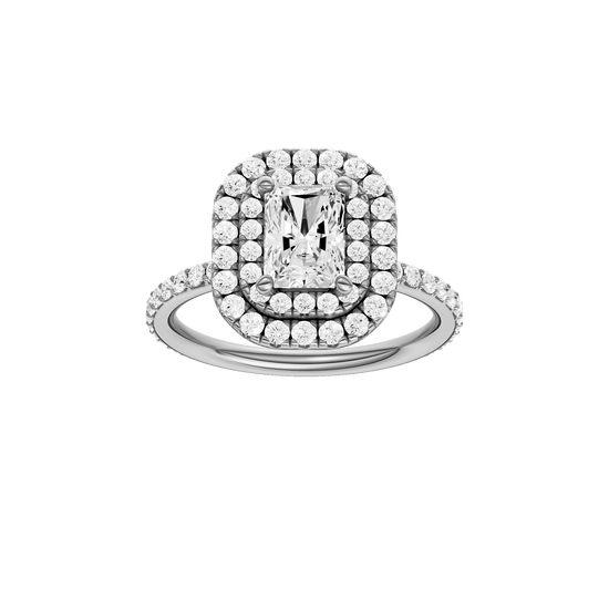 Radiant-cut diamond engagement ring with a prong-set diamond band and double-halo setting.