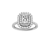 Radiant-cut diamond engagement ring with a prong-set diamond band and double-halo setting.