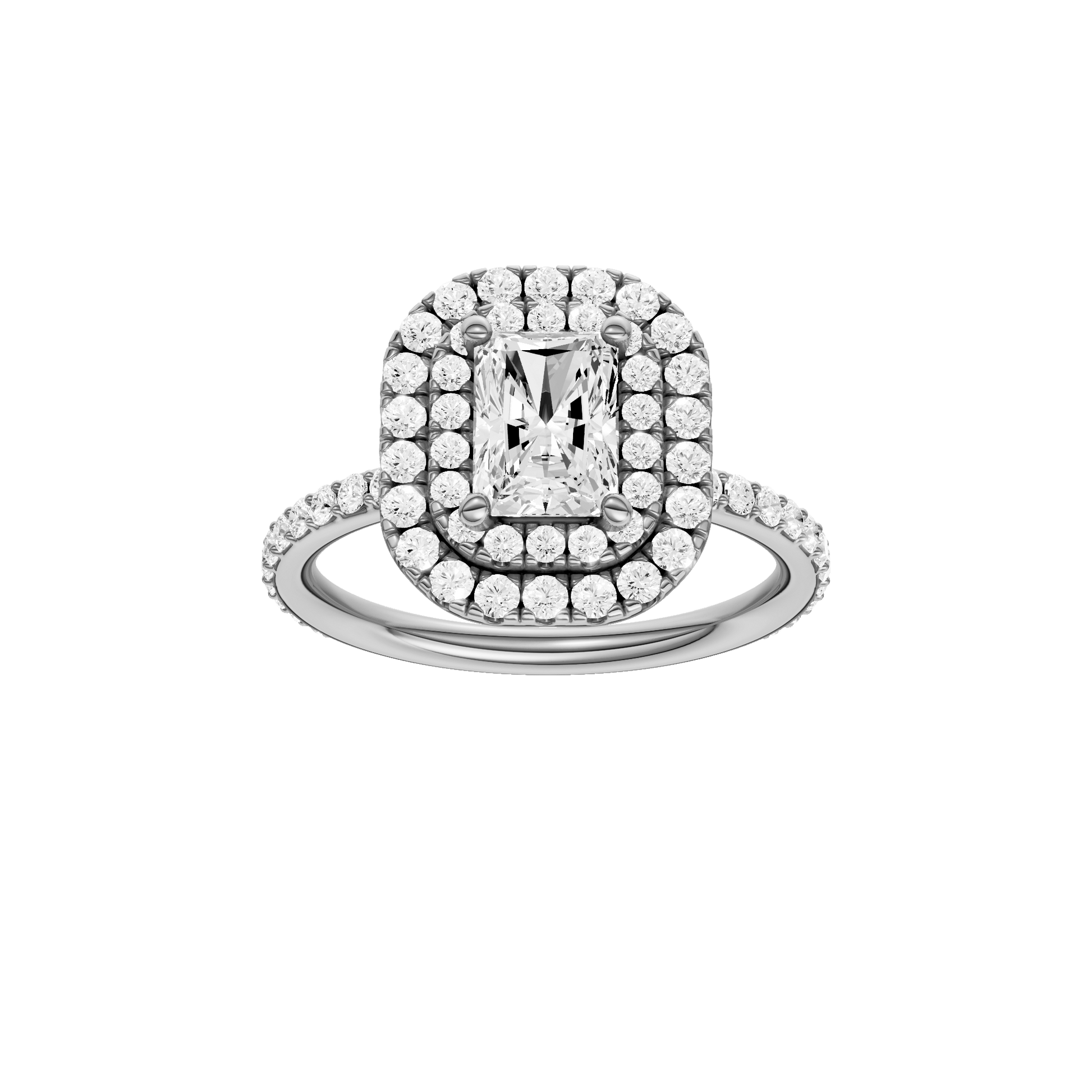 Radiant-cut diamond engagement ring with a prong-set diamond band and double-halo setting.