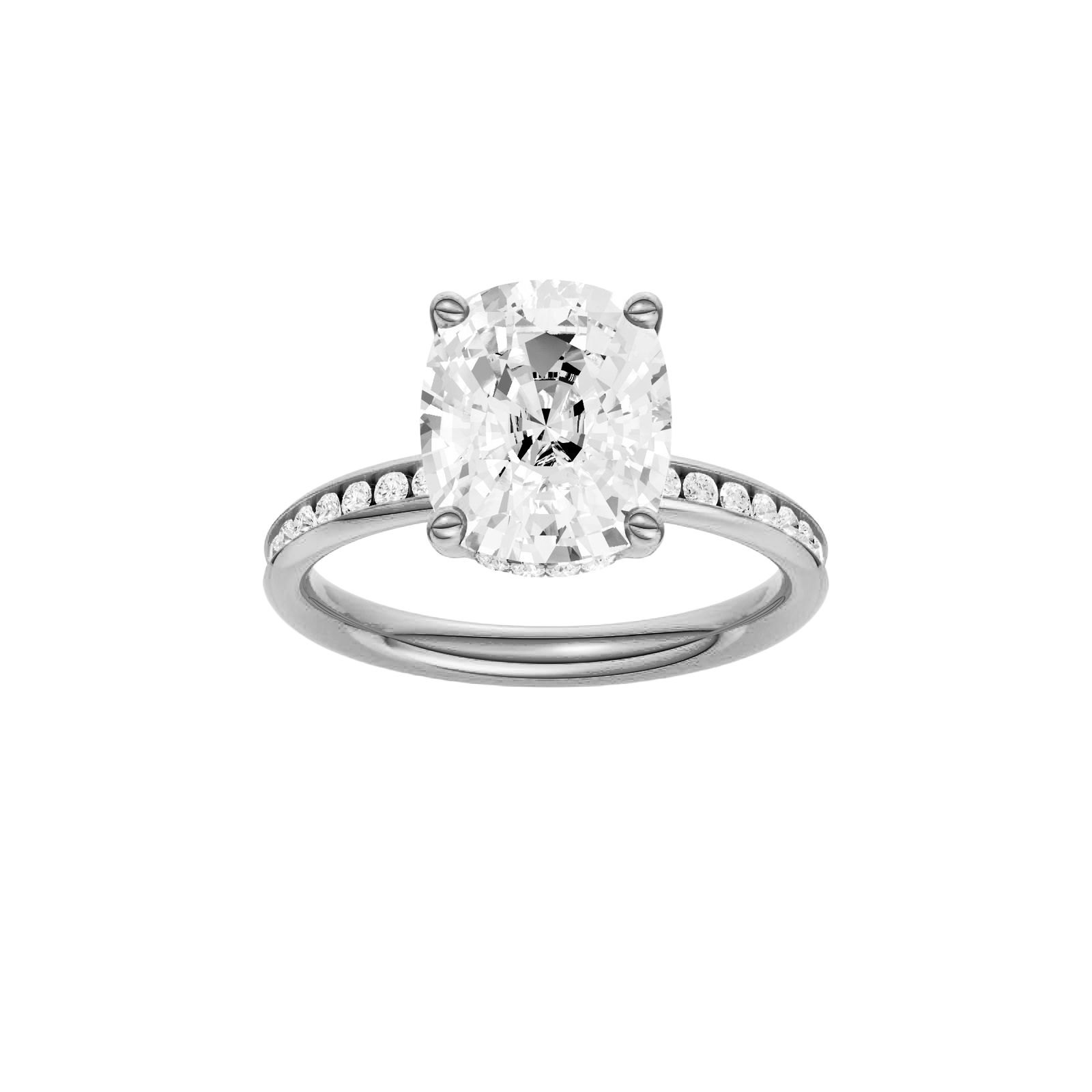 Elongated cushion-cut diamond engagement ring with a channel-set diamond band and hidden-halo setting.