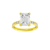Emerald-cut diamond engagement ring with a channel-set diamond band and solitaire setting.