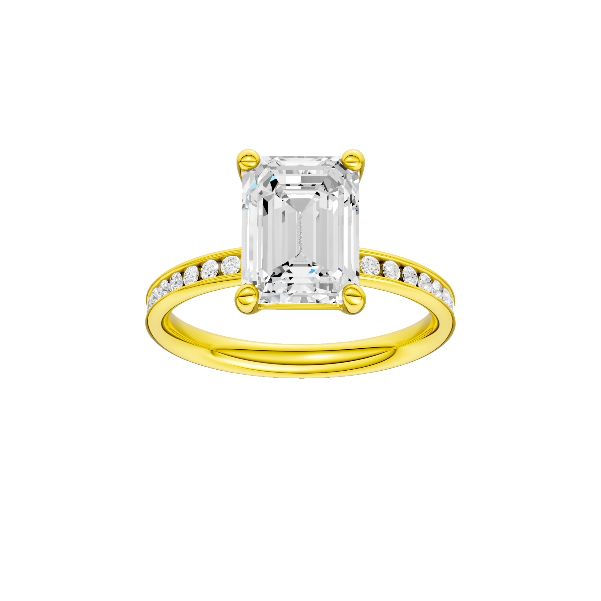 Emerald-cut diamond engagement ring with a channel-set diamond band and solitaire setting.