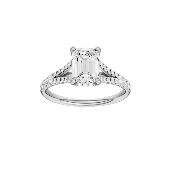 Emerald-cut diamond engagement ring with a prong-set diamond band and hidden-halo setting.