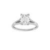 Emerald-cut diamond engagement ring with a prong-set diamond band and hidden-halo setting.
