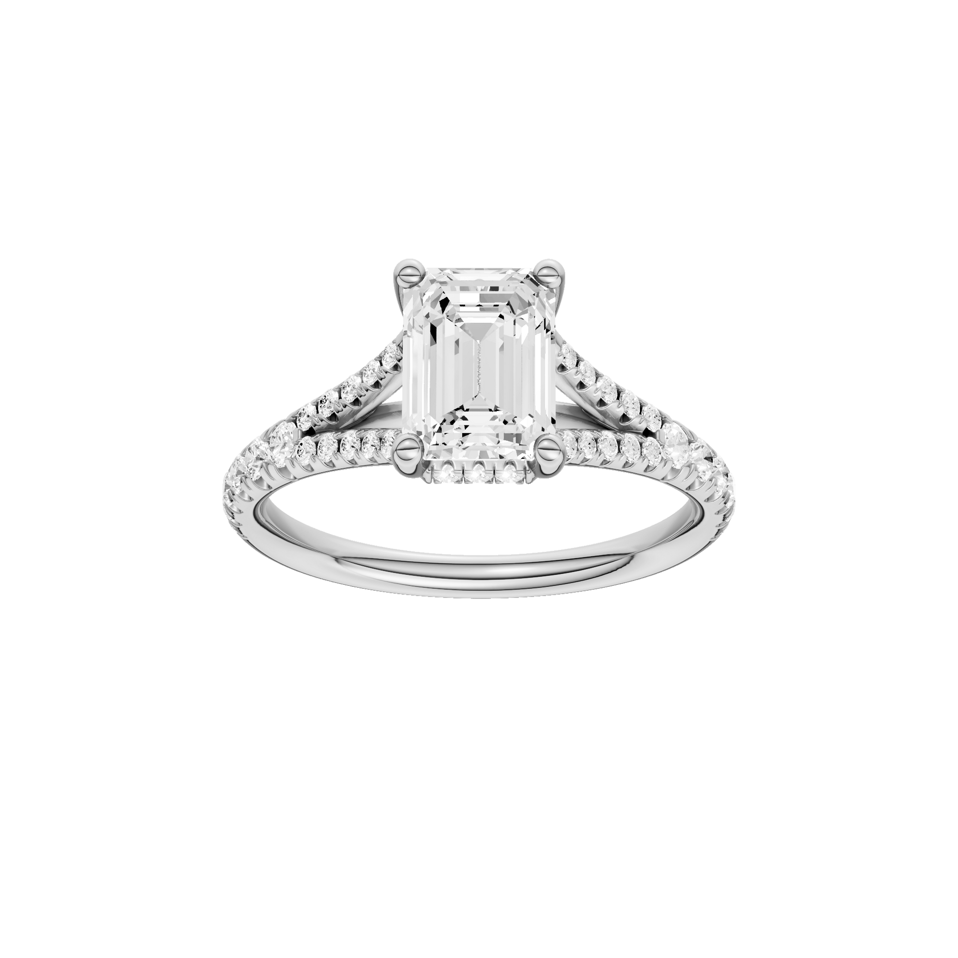 Emerald-cut diamond engagement ring with a prong-set diamond band and hidden-halo setting.