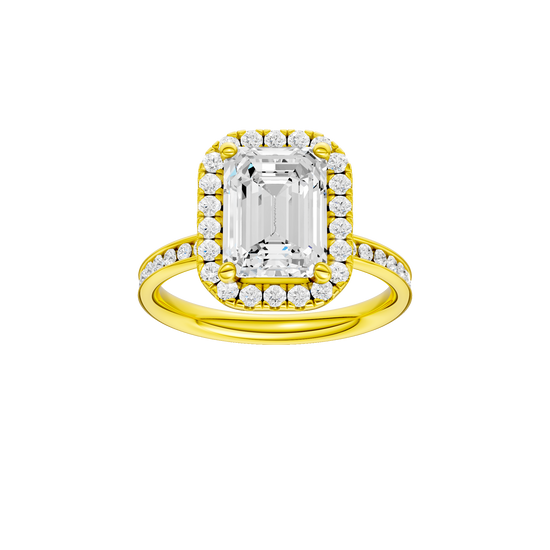 Emerald-cut diamond engagement ring with a channel-set diamond band and halo setting.