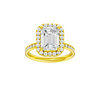 Emerald-cut diamond engagement ring with a channel-set diamond band and halo setting.