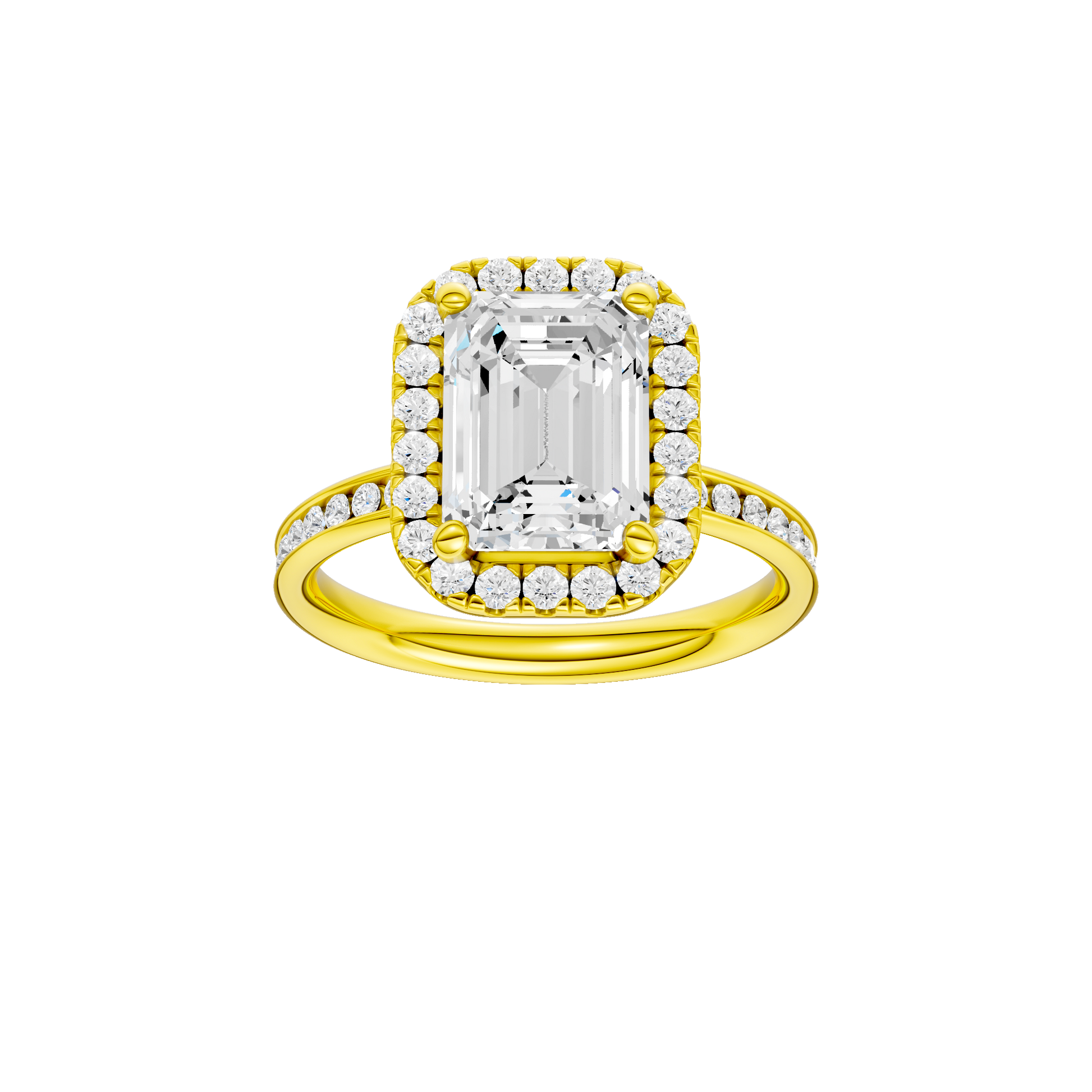 Emerald-cut diamond engagement ring with a channel-set diamond band and halo setting.