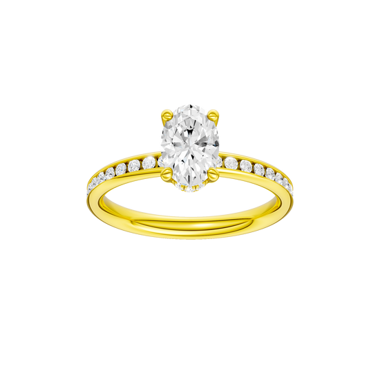 Oval-cut diamond engagement ring with a channel-set diamond band and hidden-halo setting.