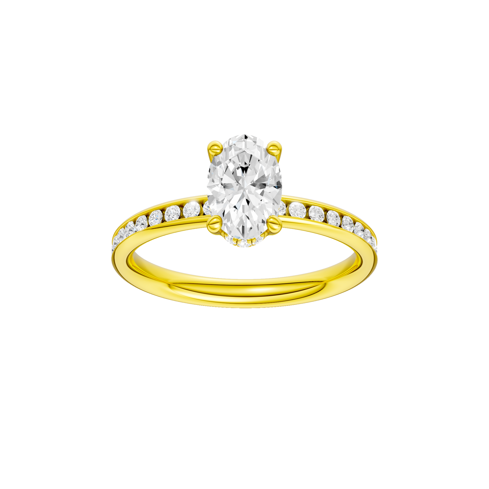 Oval-cut diamond engagement ring with a channel-set diamond band and hidden-halo setting.