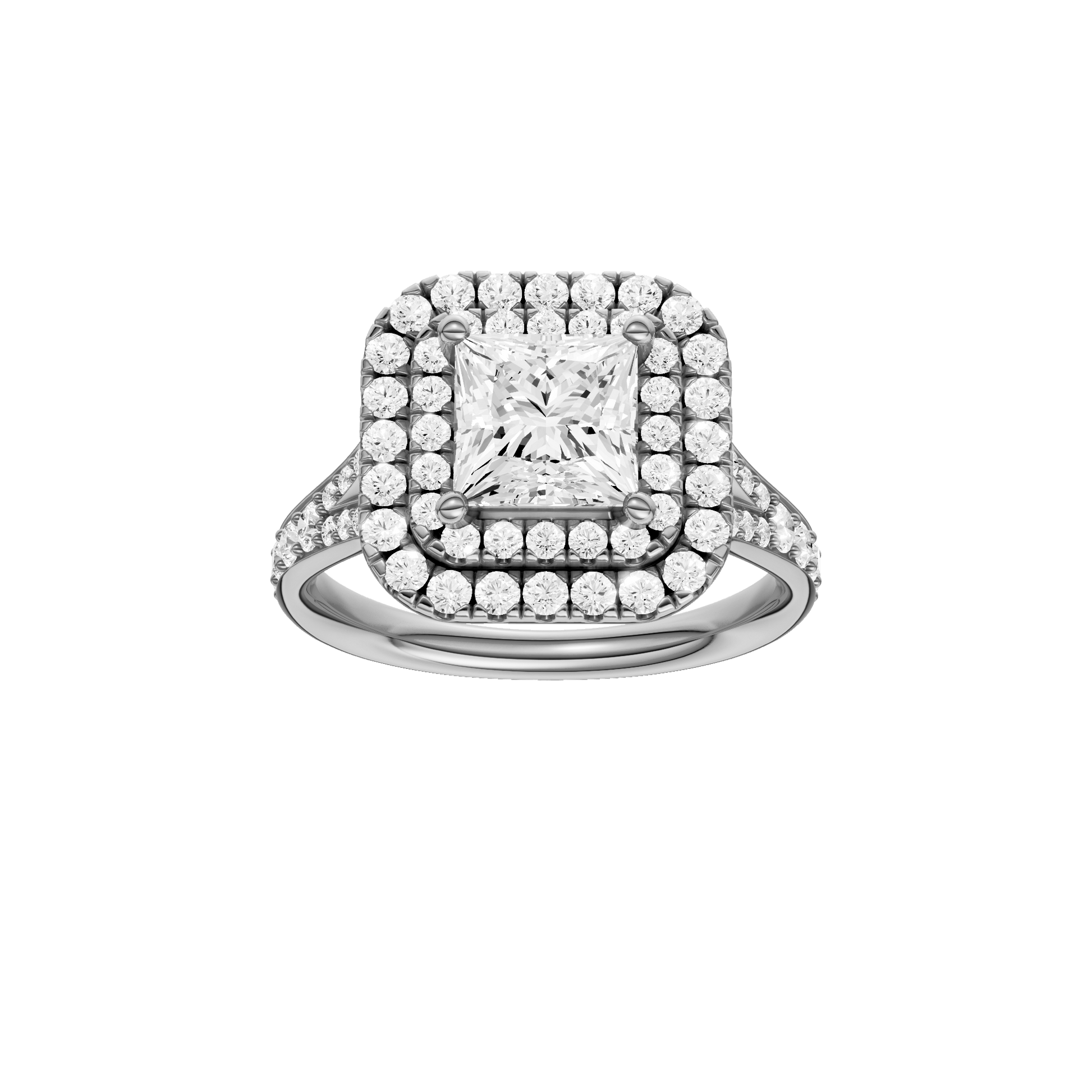 Princess-cut diamond engagement ring with a channel-set diamond band and double-halo setting.