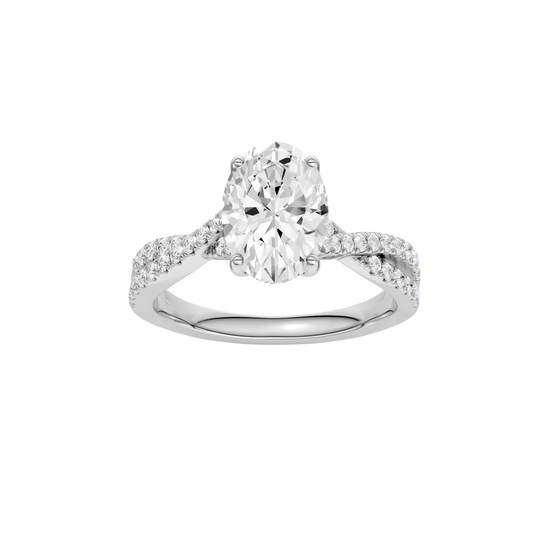 Oval-cut diamond engagement ring in 14k white gold with a prong-set diamond band and twist setting