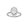 Oval-cut diamond engagement ring with a plain band and halo setting.