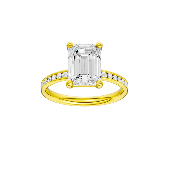 Emerald-cut diamond engagement ring with a channel-set diamond band and solitaire setting.