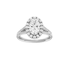 Oval-cut diamond engagement ring with a channel-set diamond band and halo setting.