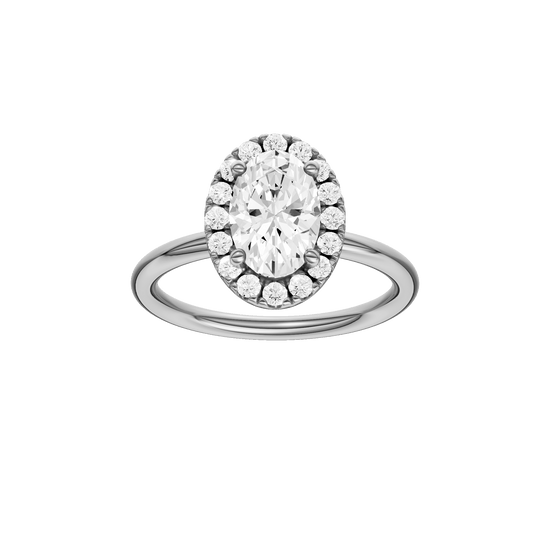 Oval-cut diamond engagement ring with a plain band and halo setting.