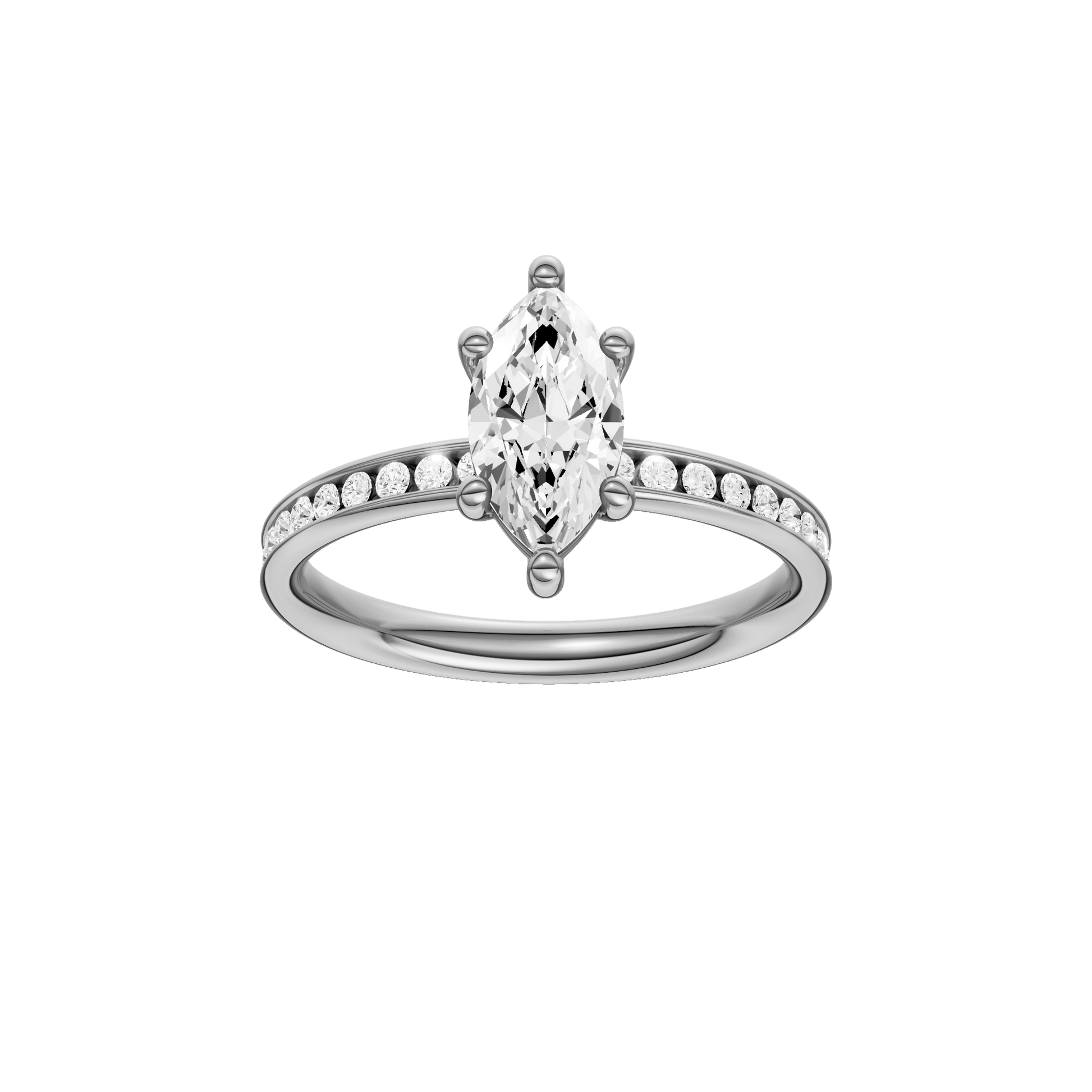 Marquise-cut diamond engagement ring with a channel-set diamond band and solitaire setting.