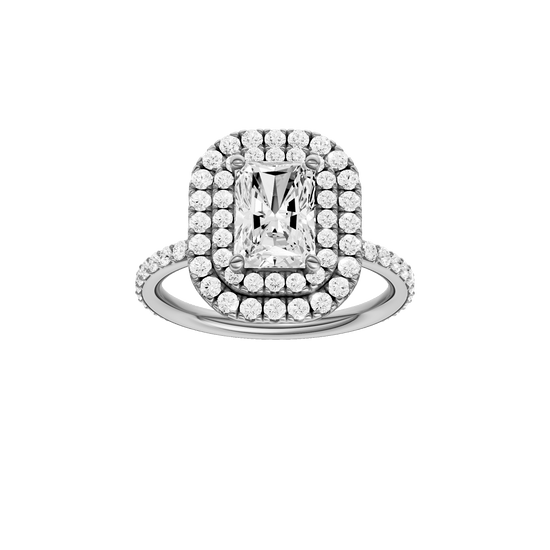 Radiant-cut diamond engagement ring with a prong-set diamond band and double-halo setting.