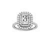 Radiant-cut diamond engagement ring with a prong-set diamond band and double-halo setting.
