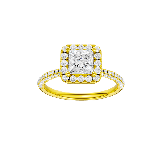 Princess-cut diamond engagement ring with a pavé-set diamond band and halo setting.