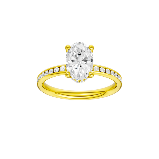 Oval-cut diamond engagement ring with a channel-set diamond band and hidden-halo setting.