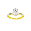 Oval-cut diamond engagement ring with a channel-set diamond band and hidden-halo setting.