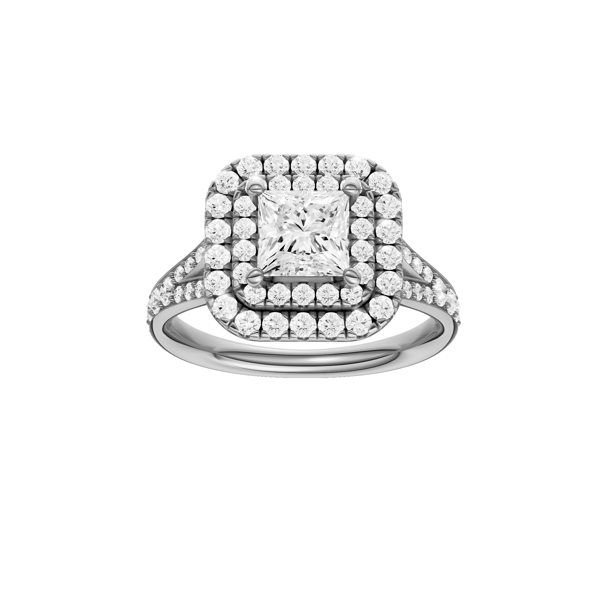 Princess-cut diamond engagement ring with a channel-set diamond band and double-halo setting.