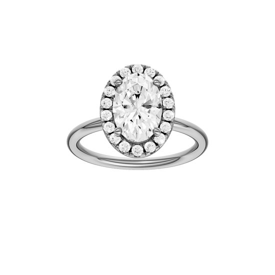 Oval-cut diamond engagement ring with a plain band and halo setting.