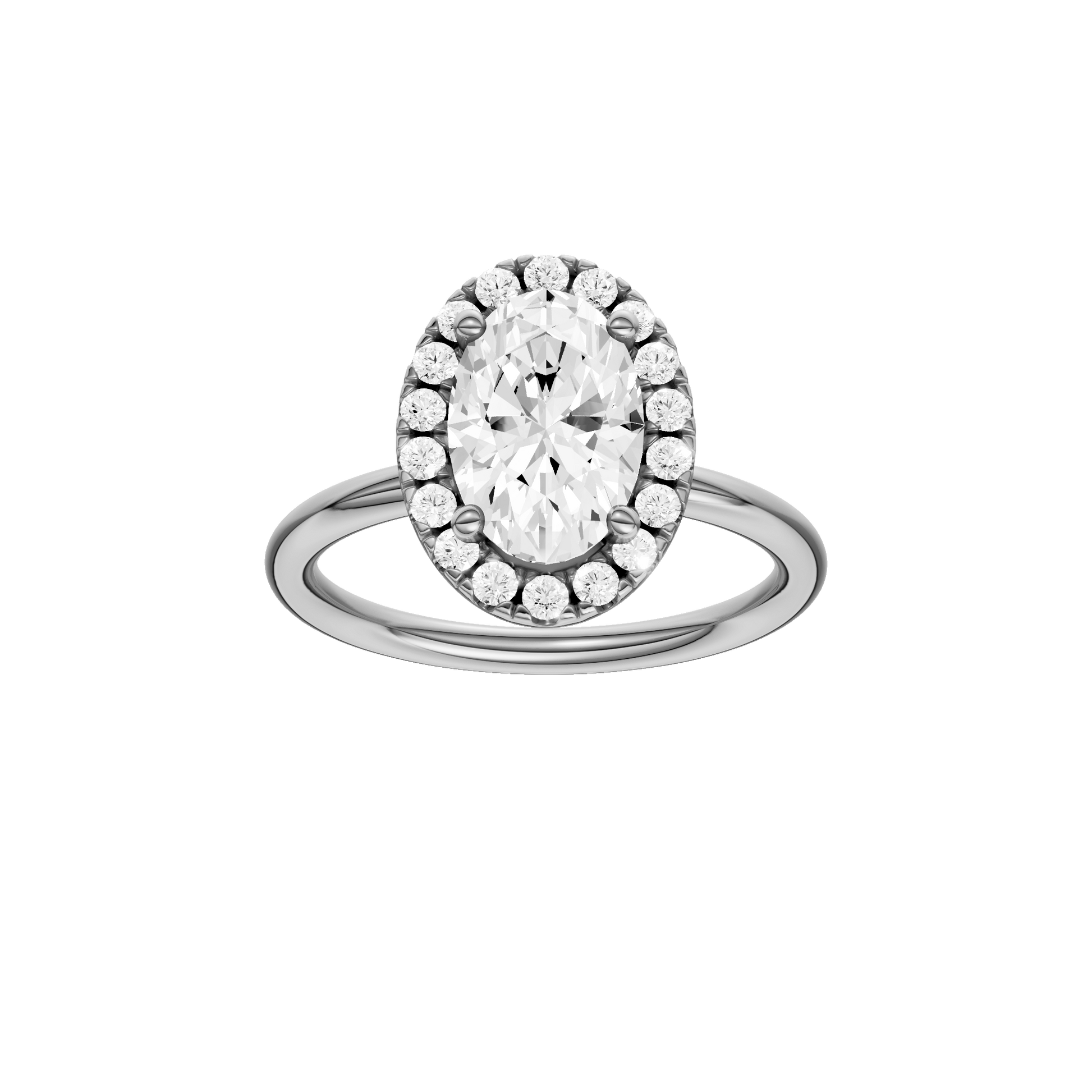 Oval-cut diamond engagement ring with a plain band and halo setting.