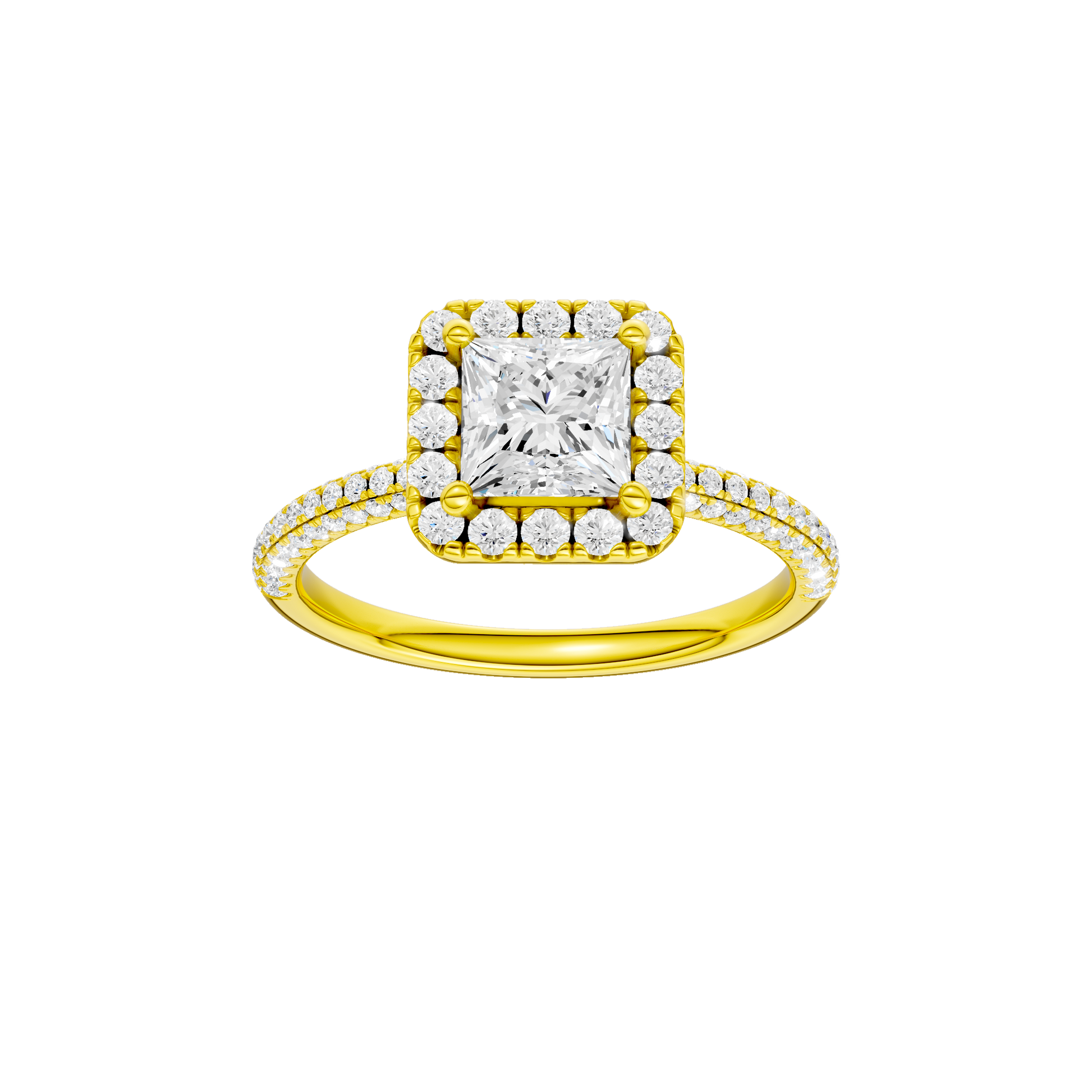 Princess-cut diamond engagement ring with a pavé-set diamond band and halo setting.